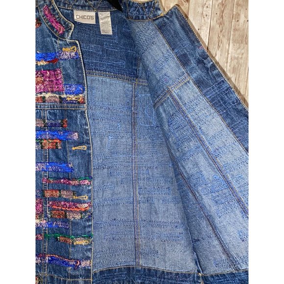 Chicos Womens Embroidered Jean Jacket Size 0 Multicolor Fringe Frayed Size Small - Picture 10 of 12